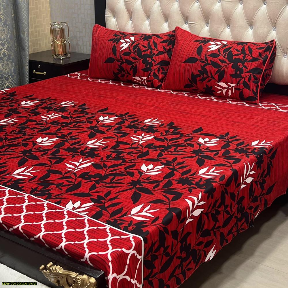 3 Pcs Crystal Cotton Printed Double Bedsheet